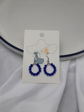 Blue Beaded Hoop Drop Earrings - Women Jewelry
